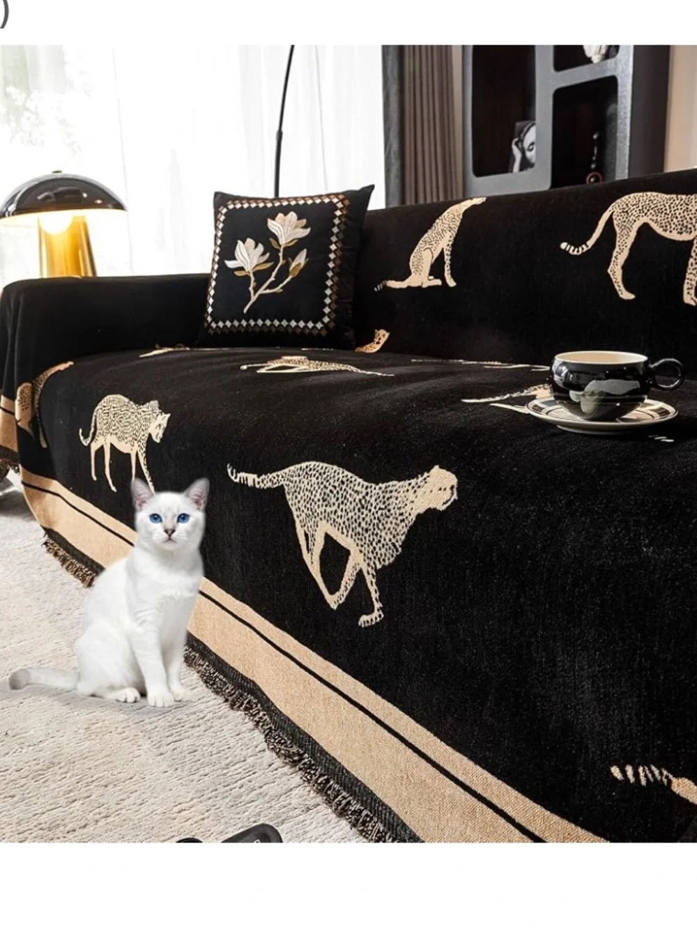 NEW Leopard Chenille Sofa Throw Blanket - Black and Beige
